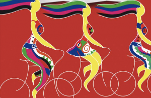 Femme et vélo fond rouge